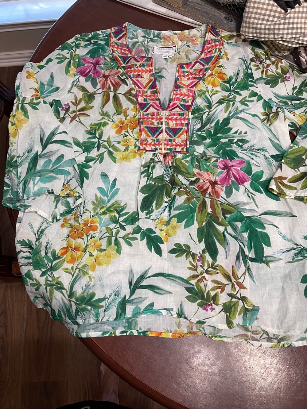 Johnny Was Workshop Tropical Print Top Embroidered blouse